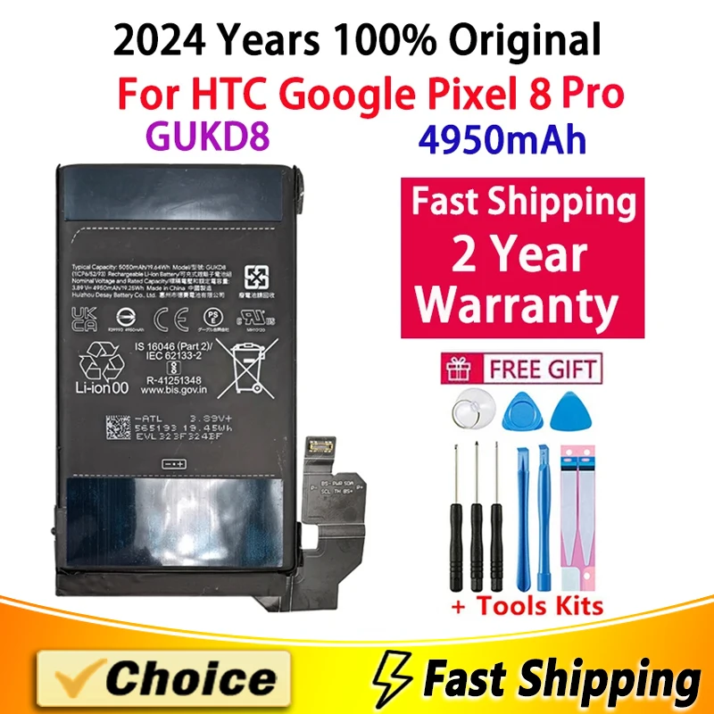 4950mAh Original High Quality Battery GUKD8 For HTC Google  Pixel 8 Pro,Brand New Replacement Phone Lithium Battery+Tools