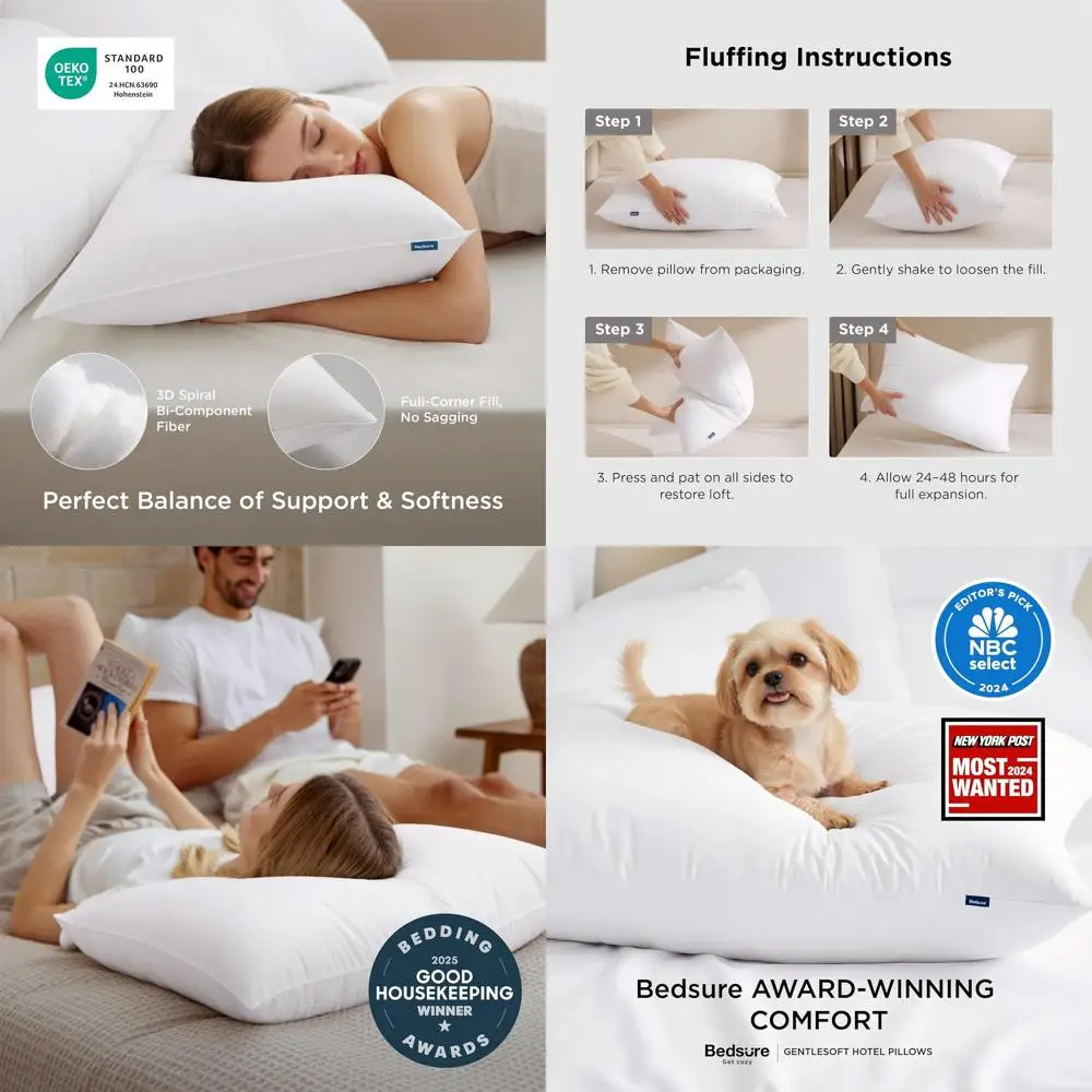 

Queen Size Soft Pillows Set of 4 - Plush, Supportive Sleep Pillows, Hotel-Style Down Alternative