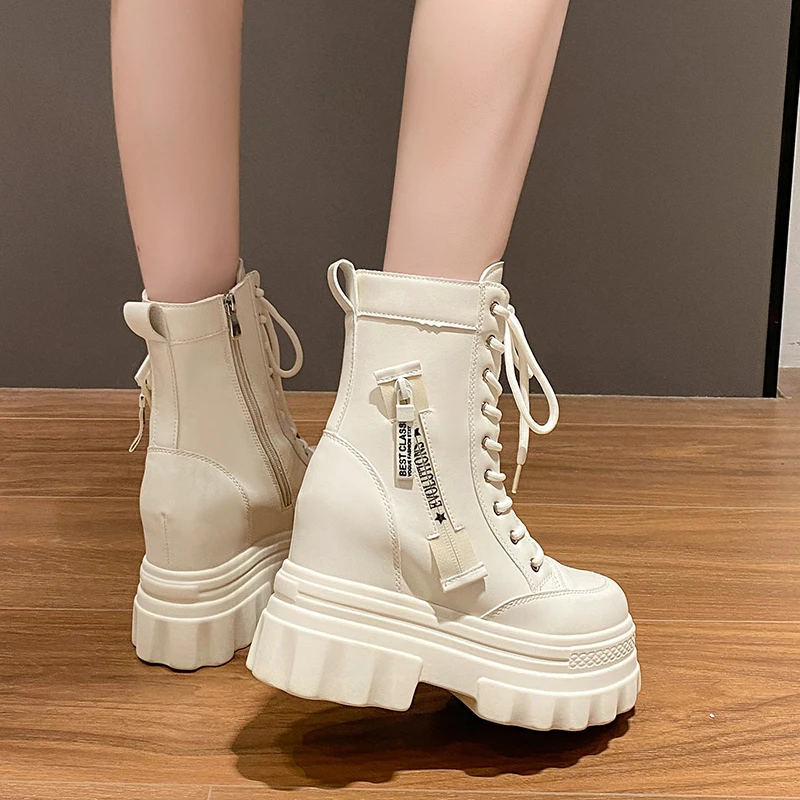 النساء الأحذية الجديدة الشتاء دراجة نارية الأحذية 9.5 سنتيمتر إسفين الكعوب عالية منصة جلدية مكتنزة أحذية امرأة الخريف سميكة وحيد فاسق الأحذية #6