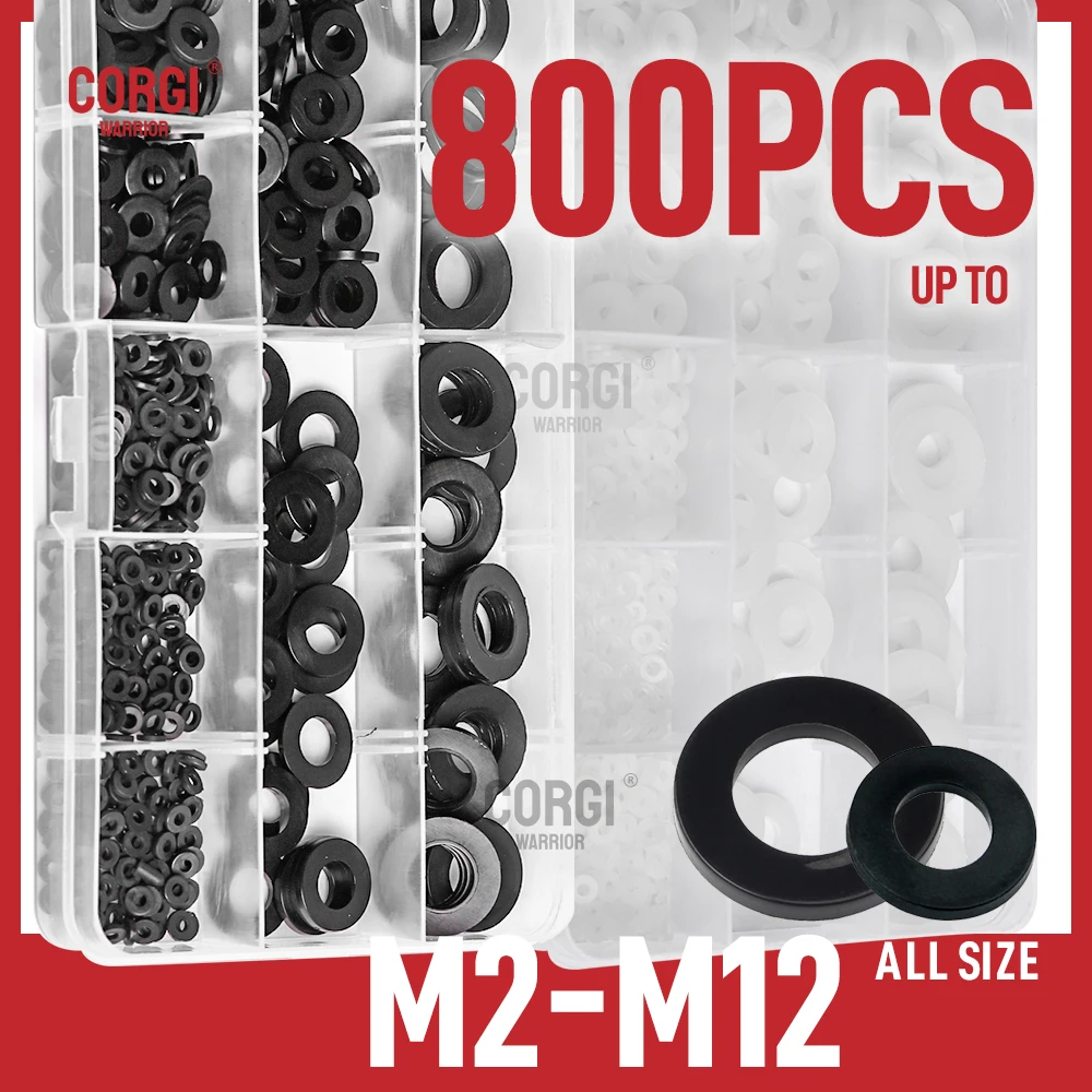 

500-800 White Pieces Black Nylon Flat Washers Assortment Kit M2 M2.5 M3 M4 M5 M6 M8 M10 M12 Not Rubber Washer 9 Sizes for Bolts