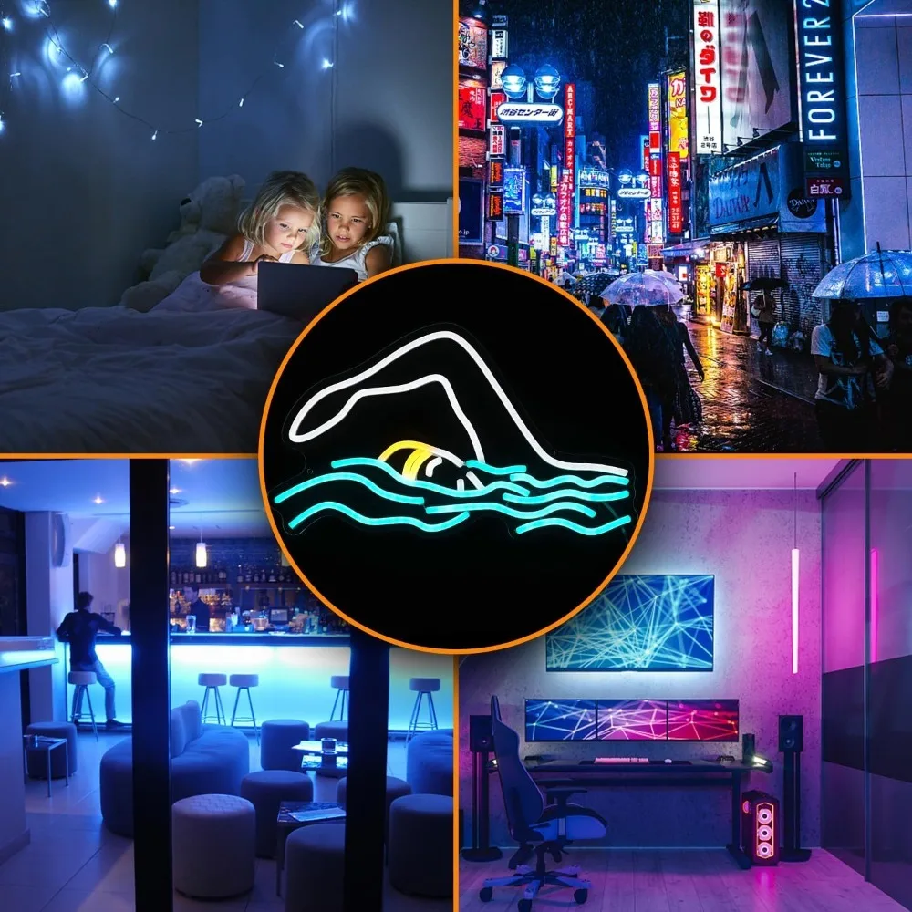 Swim Neon Sign Led Ice Blue White Surfer Neon Cool Pool Wall Light Up Sign Dimmable Swimming Neon for Gym Swimming Room Pool