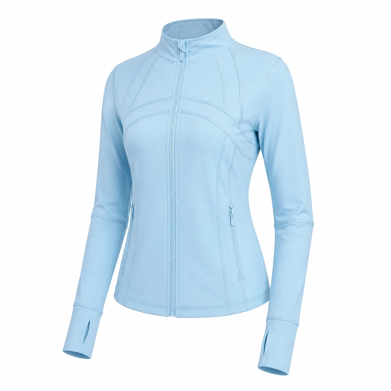 Women's Light Sky Blue Slim Fit Full Zip Sports Jacket Stand Collar Long Sleeve Thumbhole Workout Running Yoga Outerwear