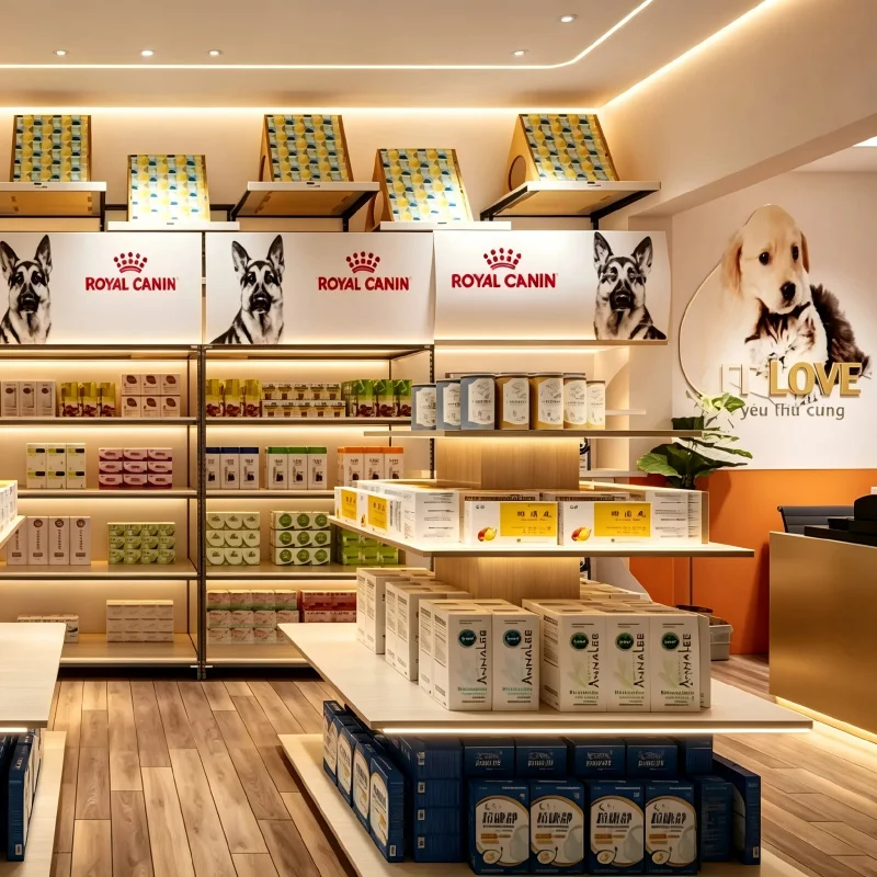 custom.Custom Luxury Pet Shop Display Fixtures | Wooden Retail Furniture LED Counters | Turnkey Pet Design Solution