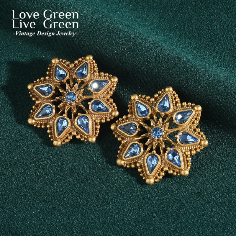 

Vintage Woman Large Blue Snowflake Crystal Earrings Jewelry Antique Luxury Gold Color Christmas Gift Designer Accessories 2025