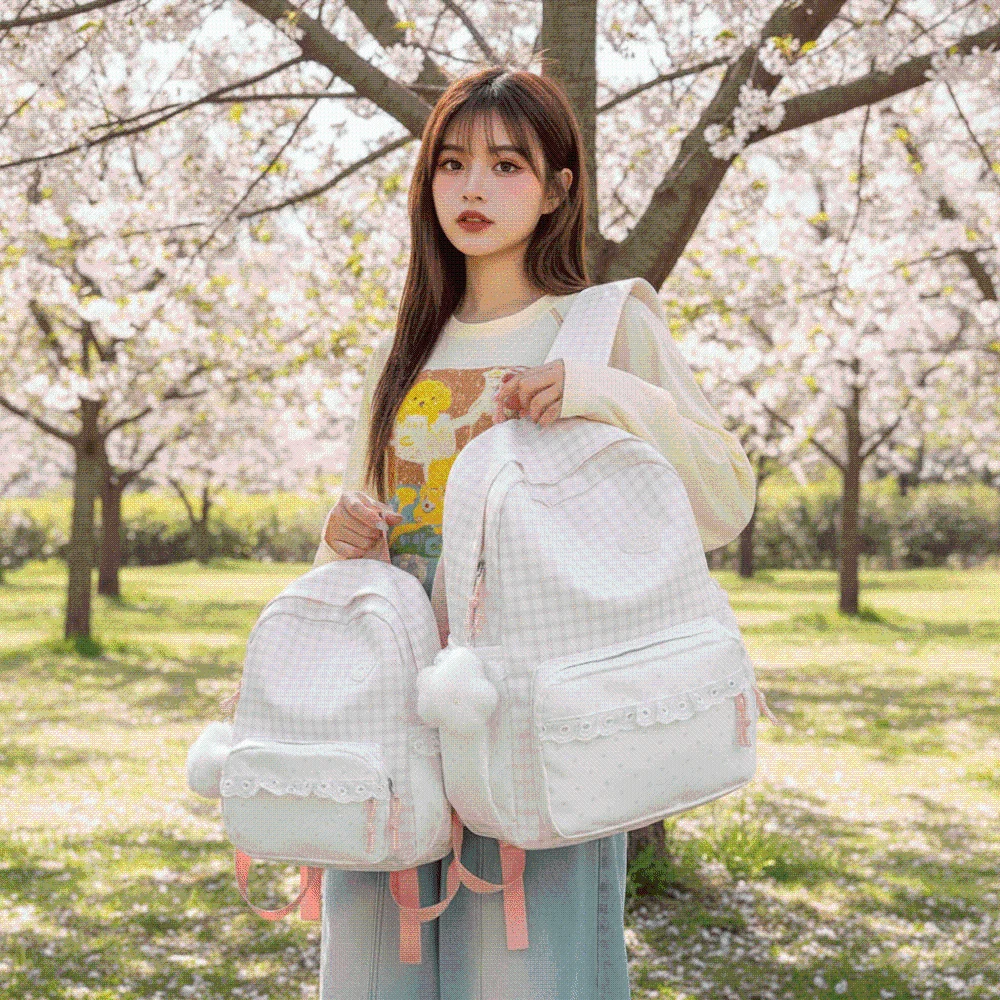 Korean Style Gingham Backpack Ruffle Design Pastel Colors Lace Schoolbag Large Capacity Adjustable Straps Plaid Daypack