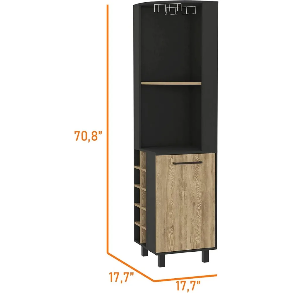 Bar Cabinet with Open Shelves, Inner Shelves, Glass Rack, and Wine Cubbies, Black/Pine