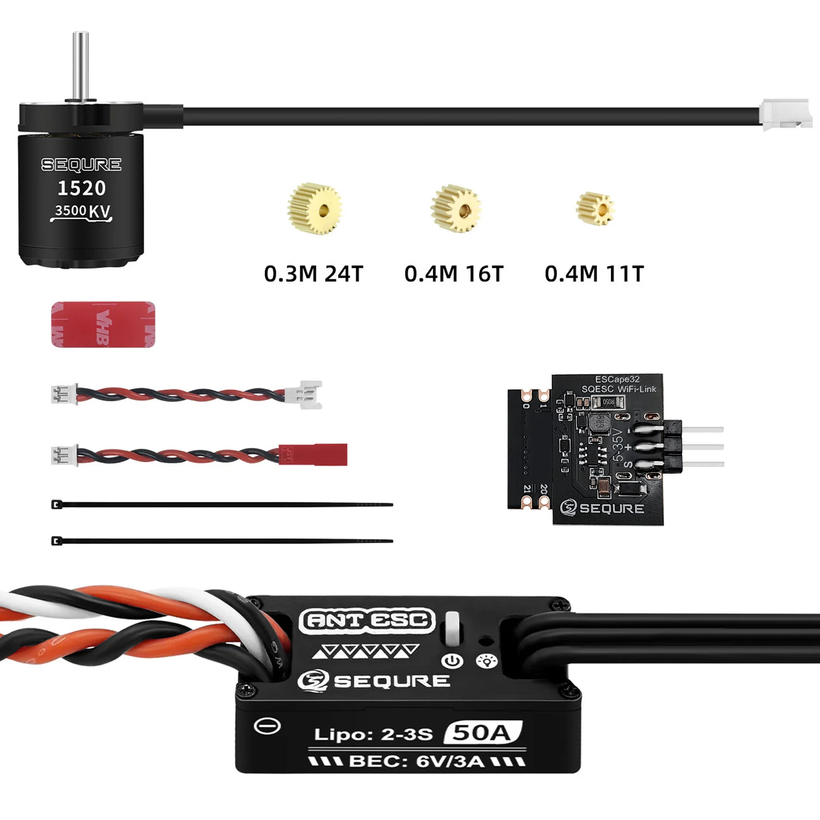 SEQURE – Rotor extérieur étanche sans balais ANT ESC et moteur sans balais 3500KV 1520 pour voiture d'escalade 1/24, 1/18, 1/16 RC, voiture sur chenilles