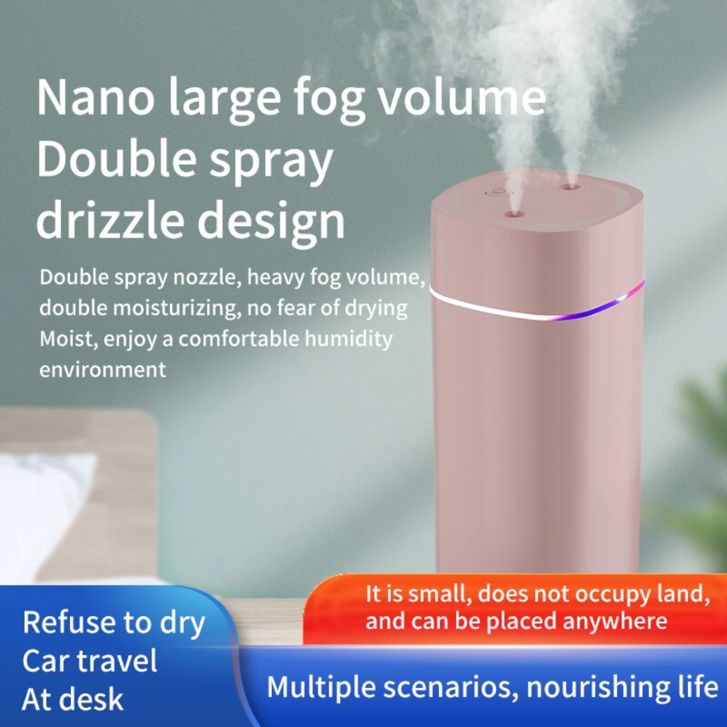 Silent and efficient USB powered dual nozzle air humidifier with 7 color ambient light for creative and effective humidification