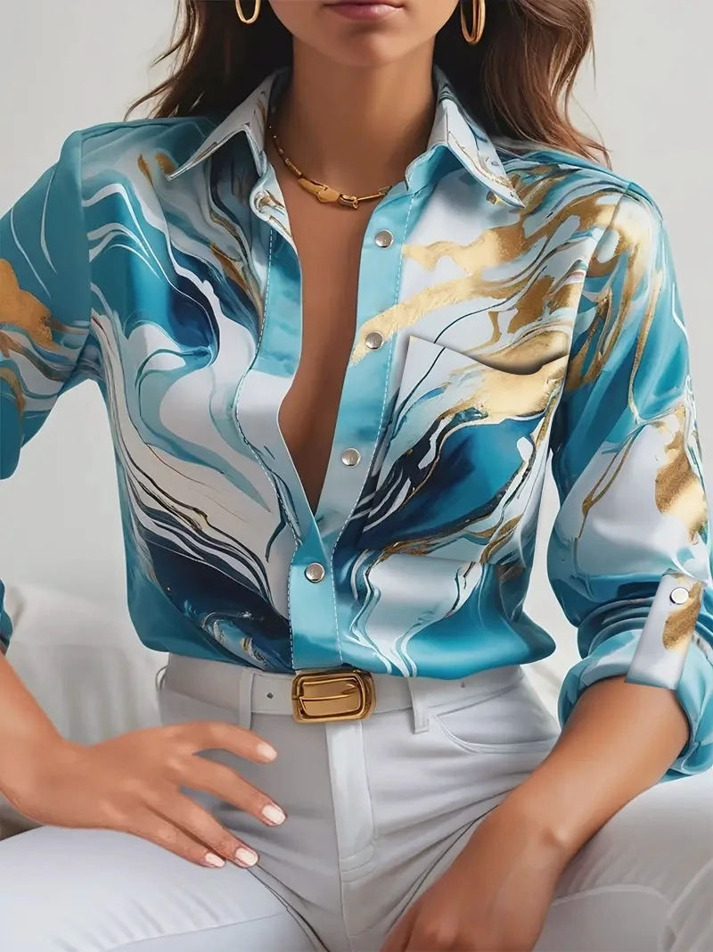 Women Print V-Neck Button Long Sleeve Shirt Loose Casual Holiday Tops Blouse