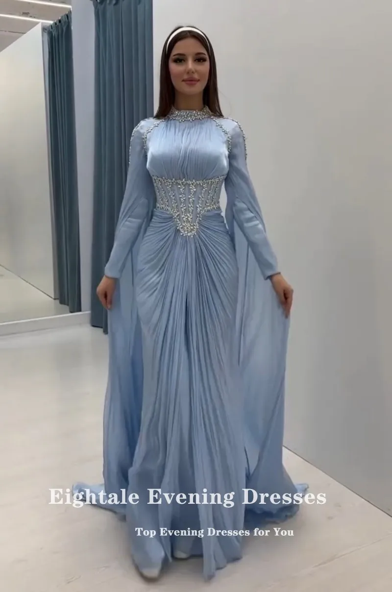 Eightale Arabic Evening Dress High Neck Crepe Customized Muslim Light Blue Beaded Rhinestones Prom Wedding Party Gown