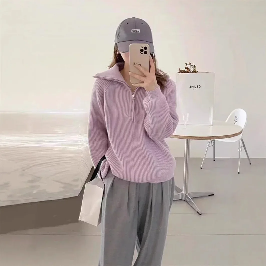

Outerwear Knitted Top Polyester Fiber Long Sleeve Casual Zipper High Neck Sweater Women's Loose Korean Style Lazy Fashion