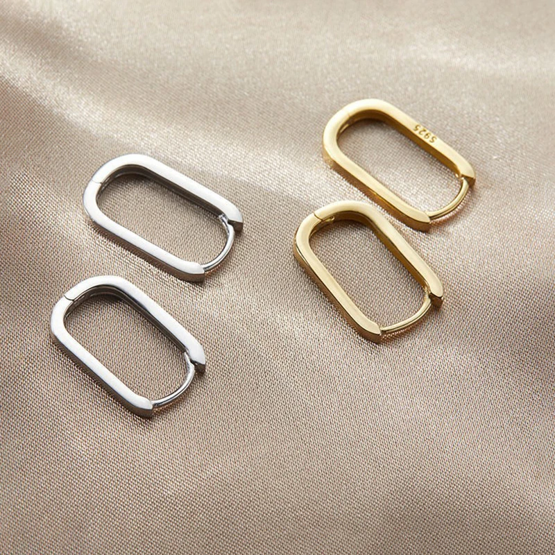 Real 925 Sterling Silver Oval 18K Gold Hoop Earrings For Women Trendy Fine Jewelry Niche Geometric Advanced Accessories