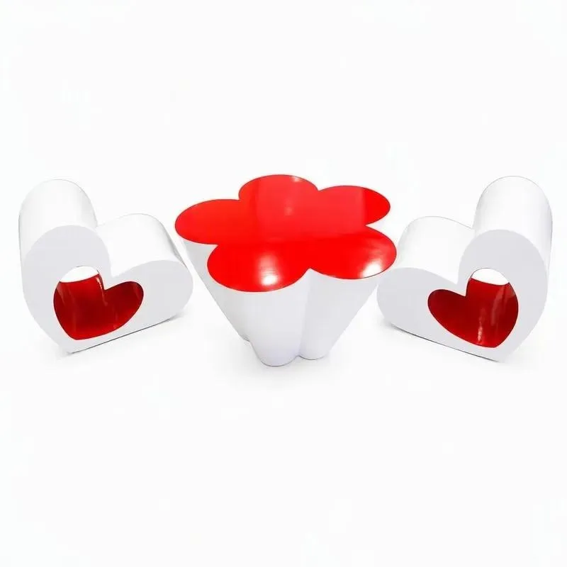 Creative Flower Table and Heart Chair Set Stainless Steel Sculpture Metal Artwork for Garden Park Shopping Mall Decoration