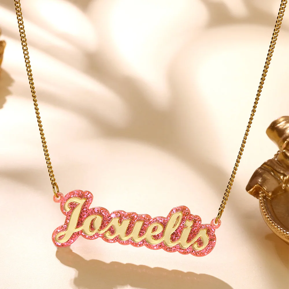 Custom Shining Pink Acrylic Name Necklace Women Girl Children Jewelry Stainless Steel Gold Color Nameplate Necklace Friend Gifts