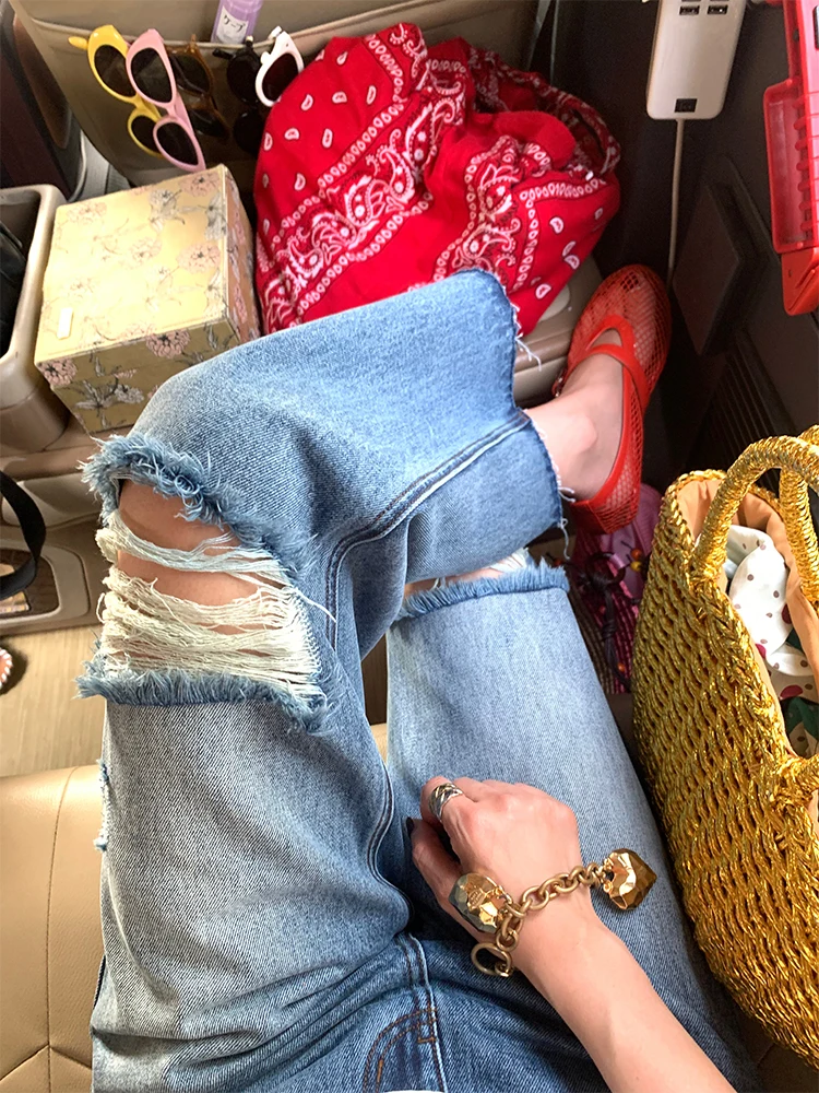 Hohe Taille Bell Bot Lochstanzjeans Damen 2025, neue Sle Casual Loose Fit Lange Hosen Sommersaison Denim Blau
