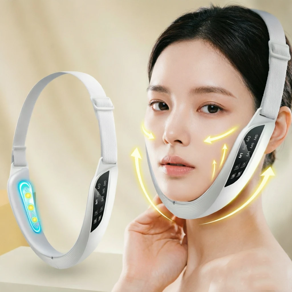 Masseur facial à 6 modes et 8 niveaux de vibration pour le soin du visage et le contouring, appareil de soin de la peau rechargeable par USB avec bandeau réglable
