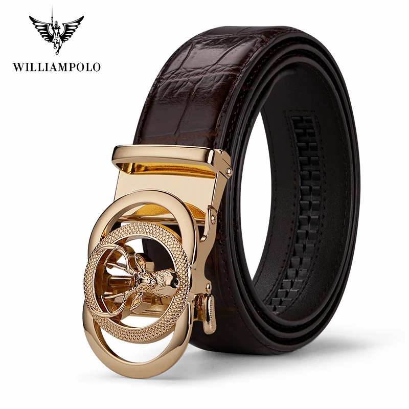 

WILLIAMPOLO Mens Crocodile Pattern Belt Men's Luxury Automatic Zinc Alloy Buckle Brand Cowhide Leather Belts Male Waistband