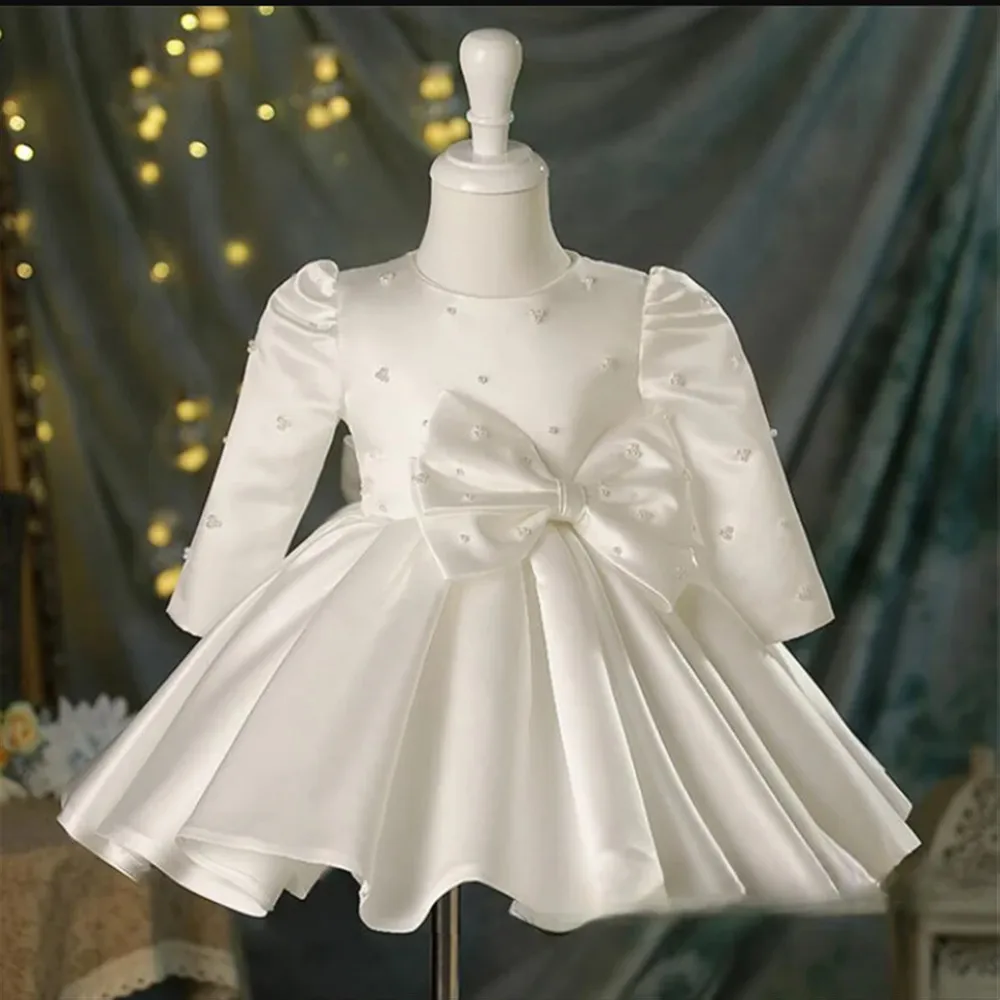 فستان زفاف أنيق لفتاة الزهور من الساتان واللؤلؤ مع فيونكة للأطفال البنات فستان حفلات أعياد الميلاد للأطفال للتعميد بالتواصل #1