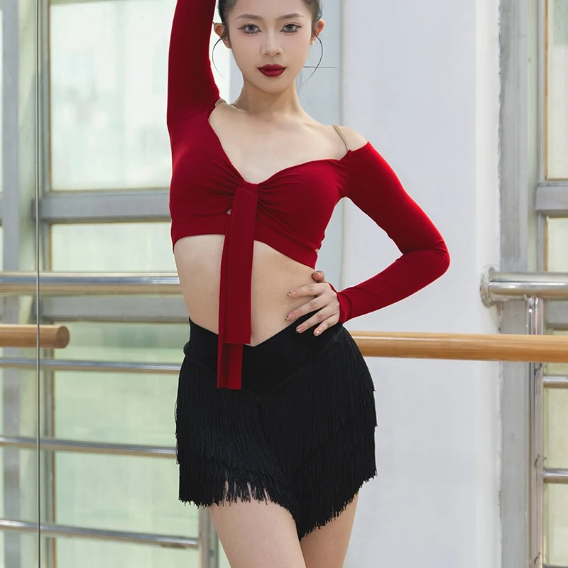 Latin Dance Practice Skirts Female Black Advanced Dance Training Skirt Line Dance Clothing Dancer Bag Hip Tassel Skirt XH1258