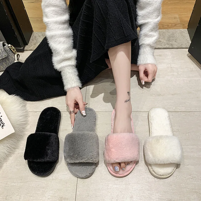 Stitched Craft Cute Rabbit Fuzzy Plush House Slippers Soft Warm One‑Strap Indoor Household Shoe Cushion Inserts Home Shoe