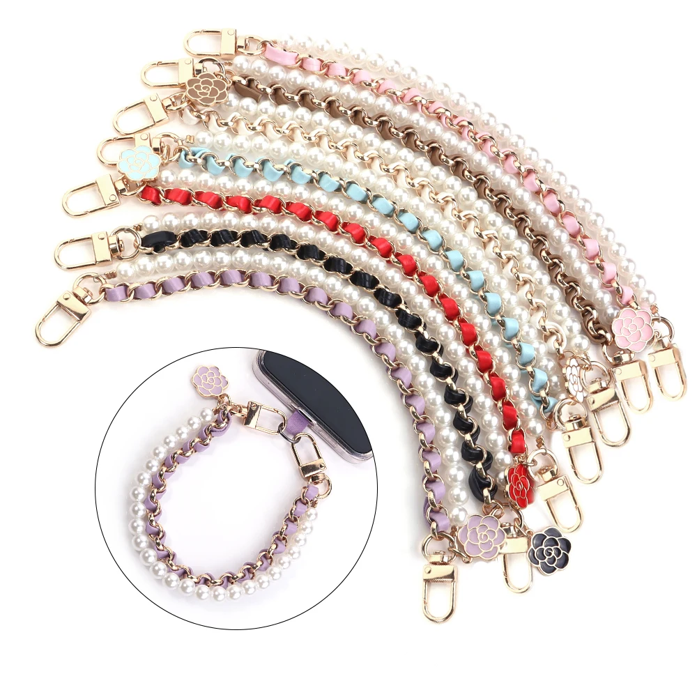 1 fio de couro imitação pérola telefone correntes 26cm requintado camélia telefone cordão para diy bolsas chave telefone decoração acessórios