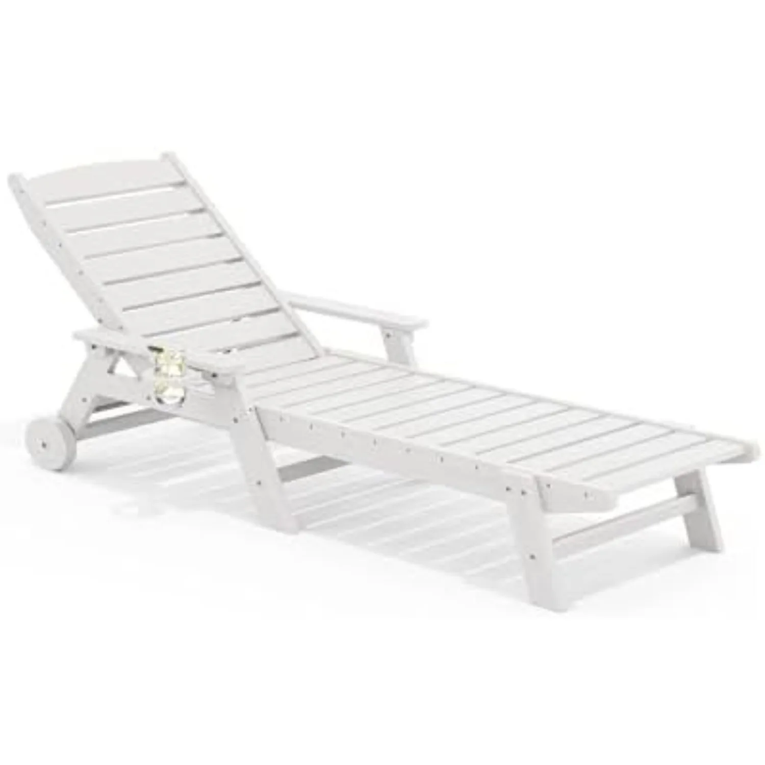 HDPE Outdoor Lounge Chair with Cup Holder, White | with 5 Position Adjustable Backrest & Rolling Wheels