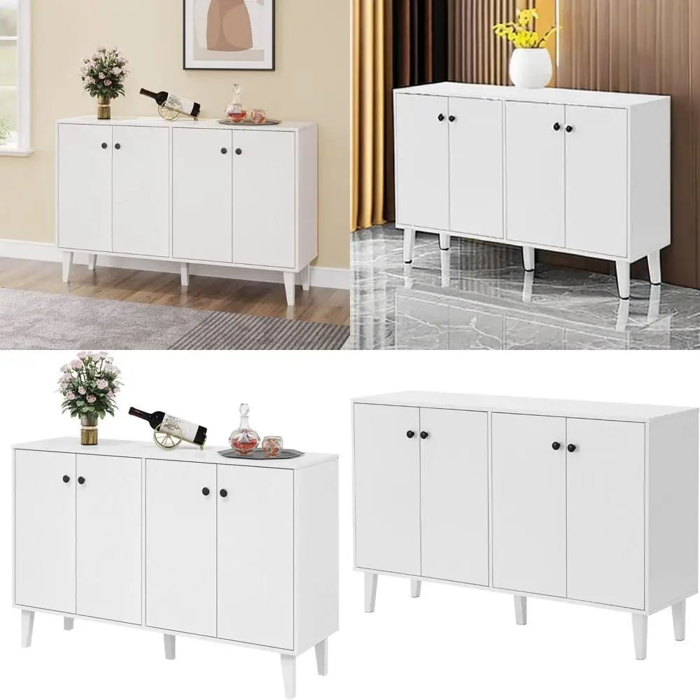 خزانة بوفيه المطبخ مع 4 أبواب، بيضاء، طاولة وحدة تحكم لتخزين غرفة المعيشة لتنظيم على طراز البانانا #1