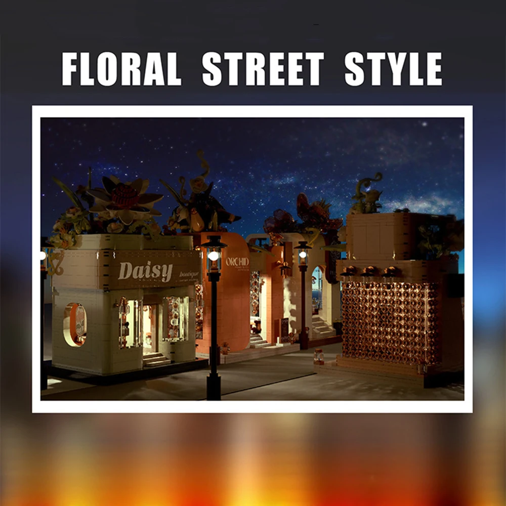 

Mini Block Flower Commercial Street View Florist Salon SPA Store Second-hand ShopArchitecture Building Brick Toy With Light