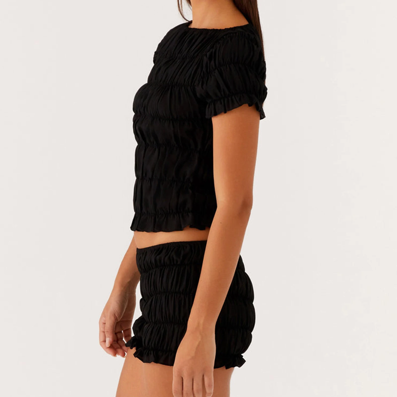 Conjuntos de camiseta y pantalones cortos fruncidos con cuello barco de manga corta de verano para mujer, trajes de salón de 2 piezas para uso diario informal