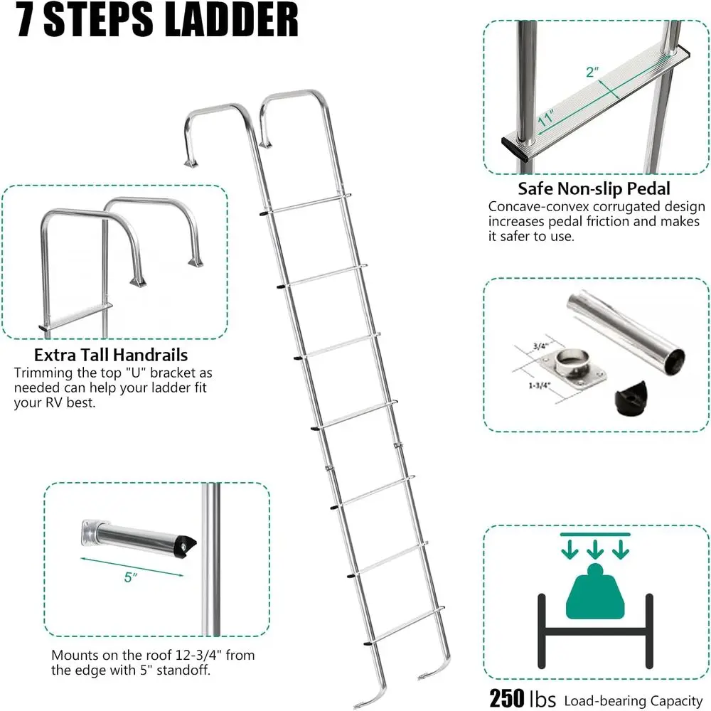 سلم RV من الألومنيوم لمقطورات السفر، 7.6-8.4 قدم، تحميل 250 رطل، لمسة نهائية فضية #3