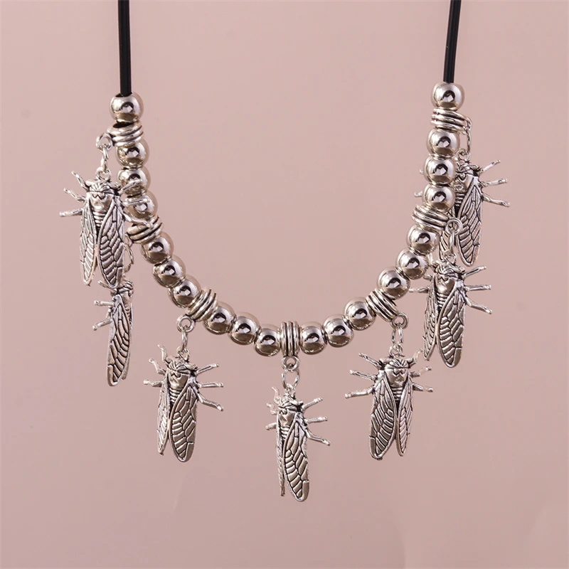 Ethnic Tibetan Silver Alloy Cicada Pendnats Necklaces for Women Girls Party Holiday Jewelry Decoration