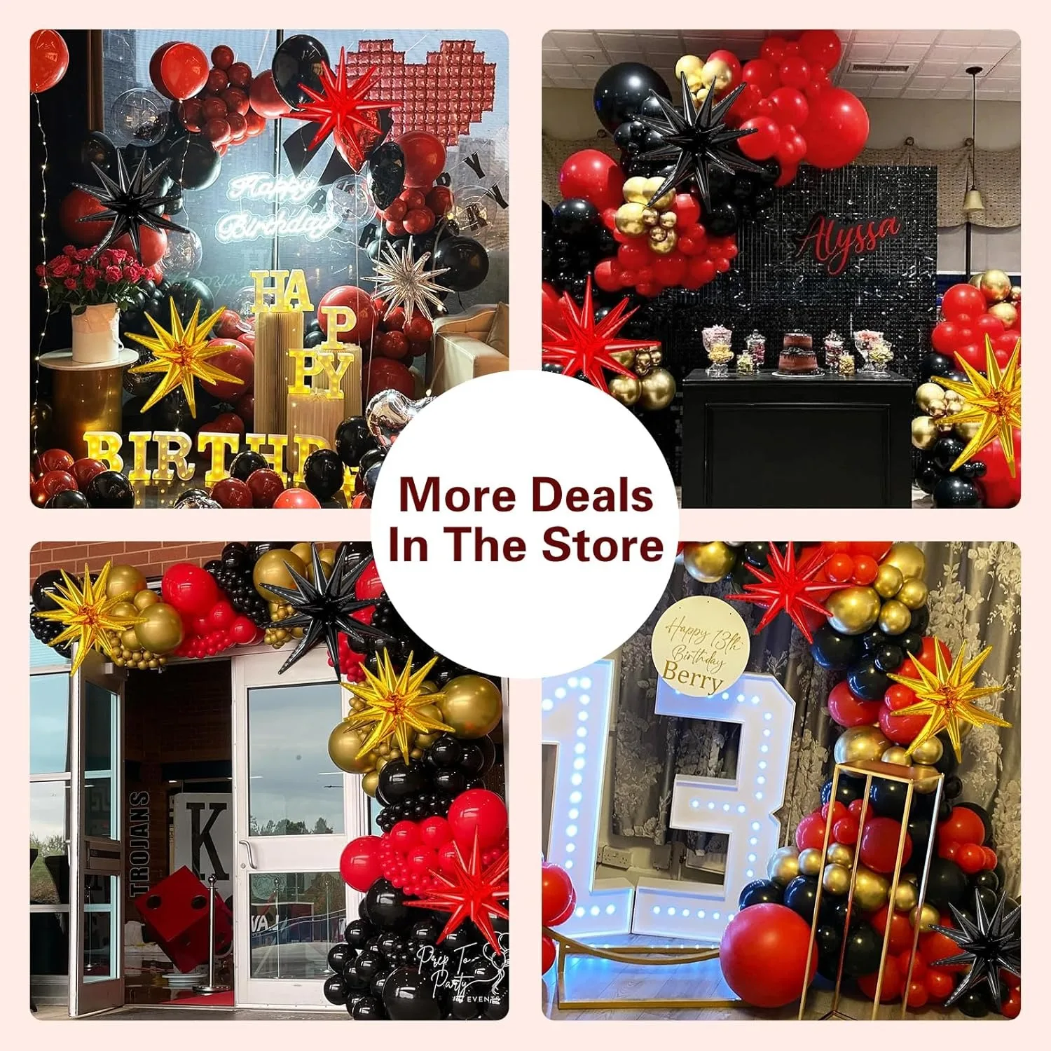 137Pcs Red Black and Gold Confetti with Starburst Balloons Garland Arch Kit for Graduation Hollywood Casino Theme Party Decora