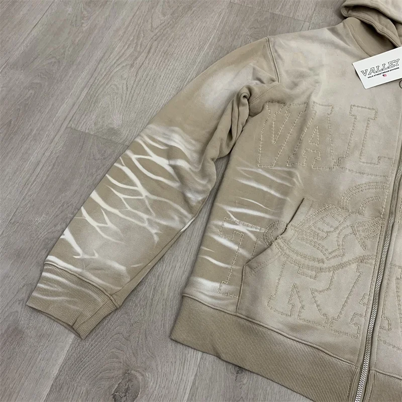 Embroidered Logo VALLEY Hooded Jackets Men Women Washed American Streetwear Pure Cotton Vale Oversized Hoodie