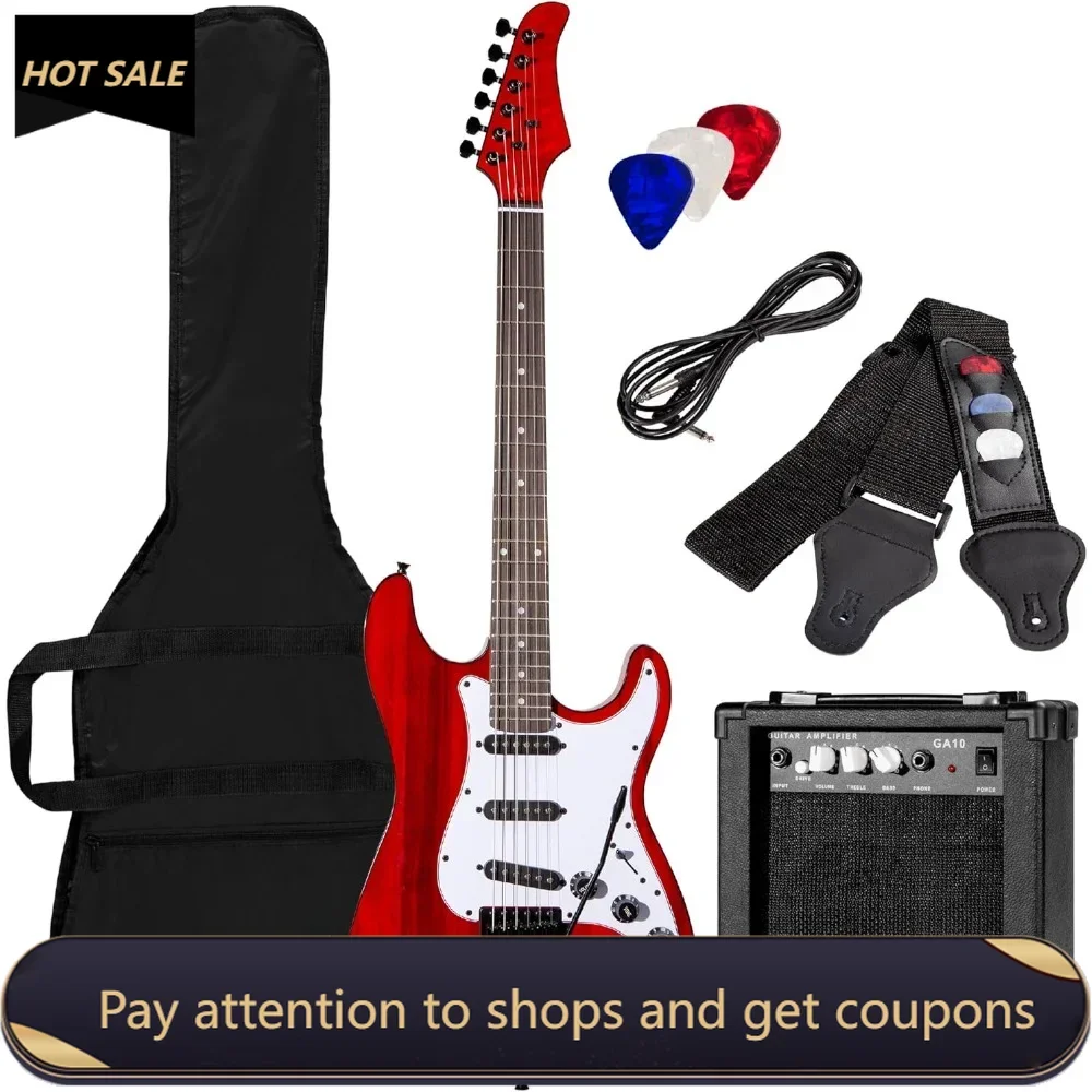 39in Full Size Beginner Electric Guitar Starter Kit w/Case, Strap, 10W Amp, Strings, Pick, Tremolo Bar - Cherry Red Freight free