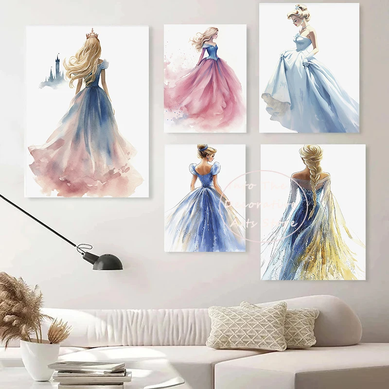 Nordic Watercolor Cartoon Beautiful Princess Fantasy Figure Poster Canvas Painting Wall Art Pictures Home Girls Room Decor Gift