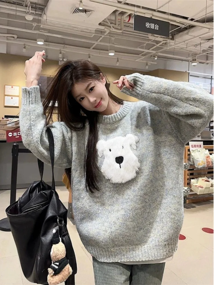 かわいい毛皮のウェスティ ‌   ニットセーター女性秋冬厚い特大ラウンドネックプルオーバー漫画子犬カジュアルニットウェアトップ