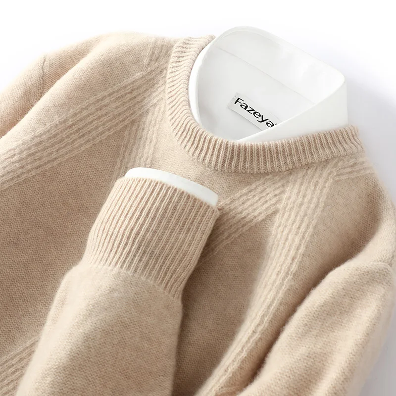 Fall/Winter 100% Sweater Men's Round Neck Diamond Knitted Thick Sweater Loose Plus Size Business Bottoming Shirt Pullover