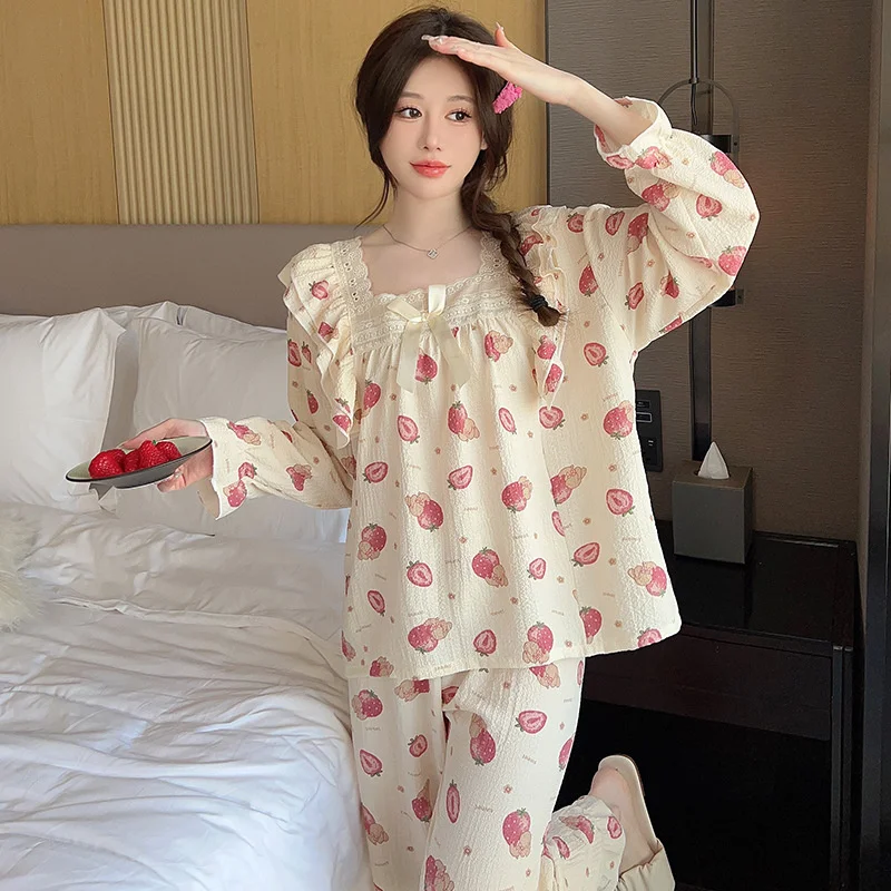 Sweet Print Sleepwear Set Long Sleeve Trousers Wrinkled Cotton Pants Ruffle Home Wear Skin-Friendly Breathable Pajama