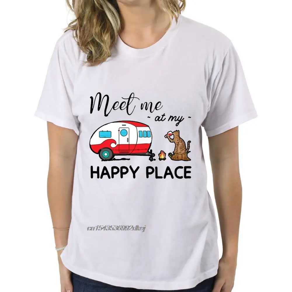 Men Funny T Shirt Fashion Tshirt Meet Me At My Happy Place Camping Bengal Cat Drink Wine Version  Women t-shirt