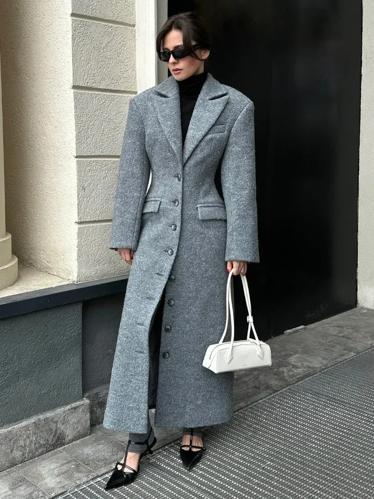 

Solid Waist Cinching Women Woolen Blend Overcoat Fashion Lapel Single-breasted Shoulder Pad Coat Lady New Commuter Outerwear
