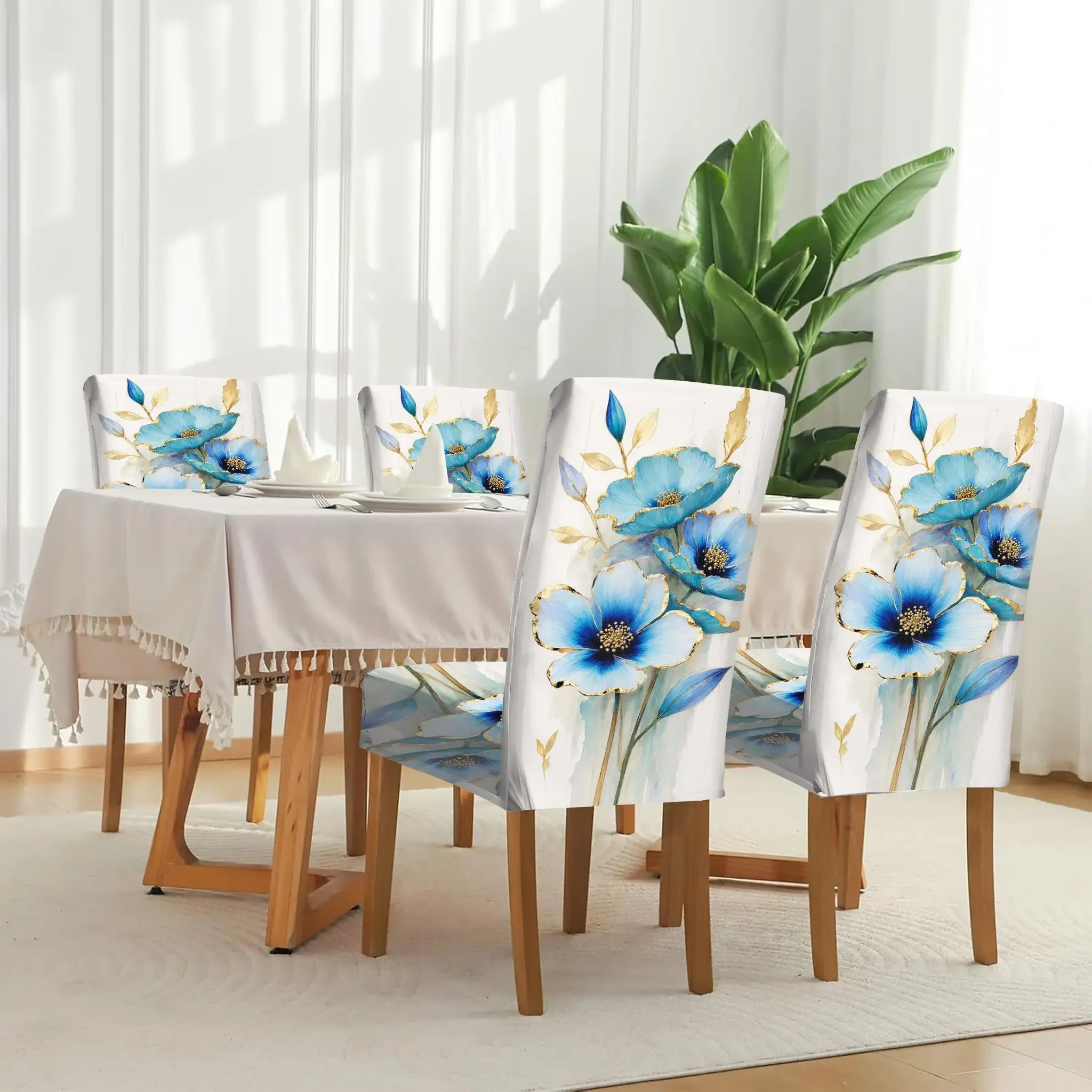 

Elastic dining chair cover Four blue flowers Phnom Penh watercolor pattern removable, washable, home dining chair cover