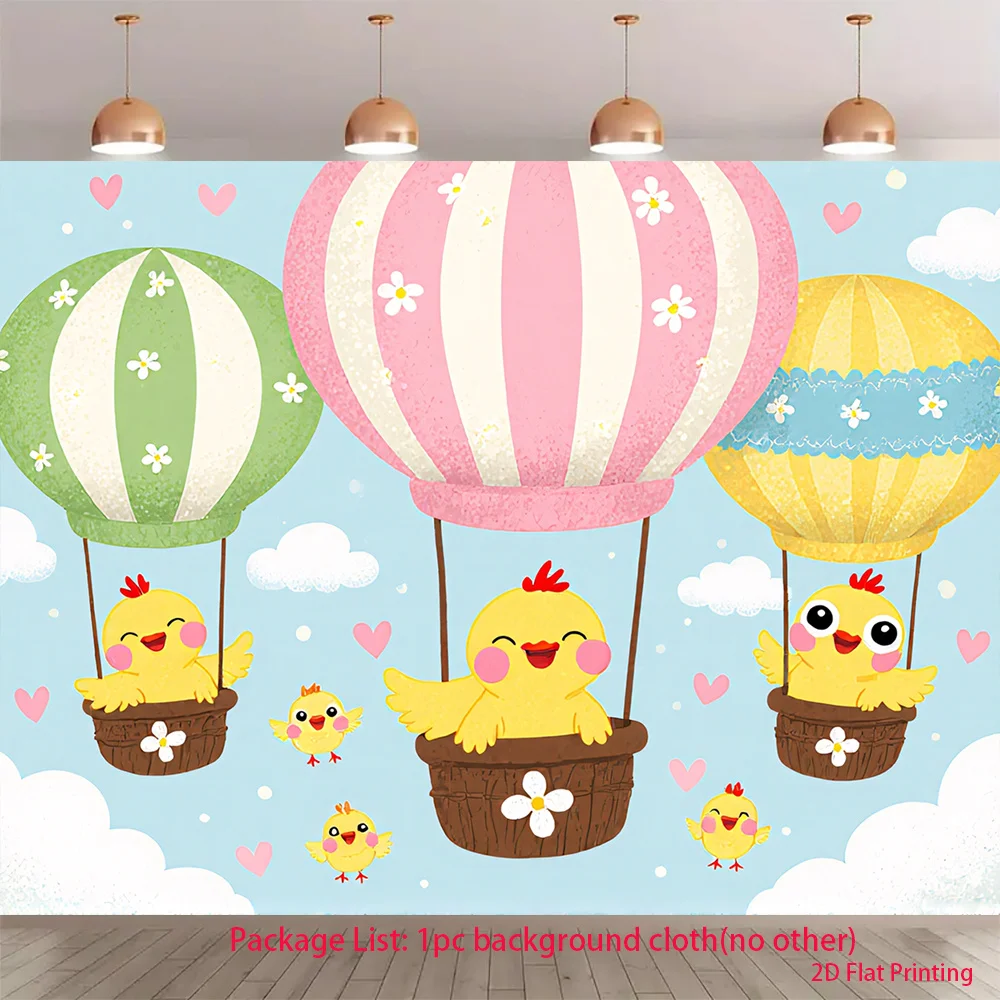 Cute Chick Hot Air Balloon Tapestry, Pastel Sky Wall Hanging, Kawaii Animal Decor for Nursery Kids Room Bedroom