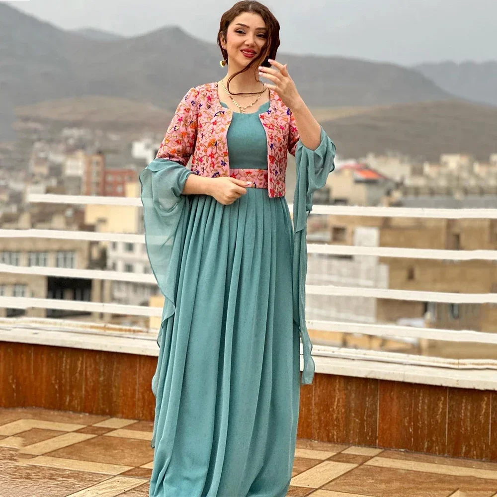 Customized Middle Eastern Style Exquisite Straight Three Quarter Ruffles Prom Dresses Round Neck Elegant Evening Vestidos Women