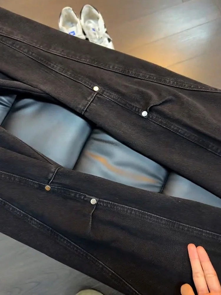 Cleanfit American Style Pleated Rivet Denim Jeans Men's Handsome Semi-Elastic Slant Cut Flared Knife Long Pants Wide Leg