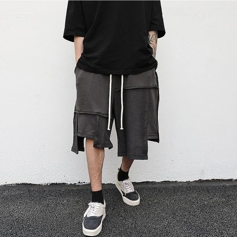 Men Plus Size 150KG Asymmetric Shorts Male Trendy Knee Length Shorts Daily Design Drawstring Handsome Streetwear Loose Shorts