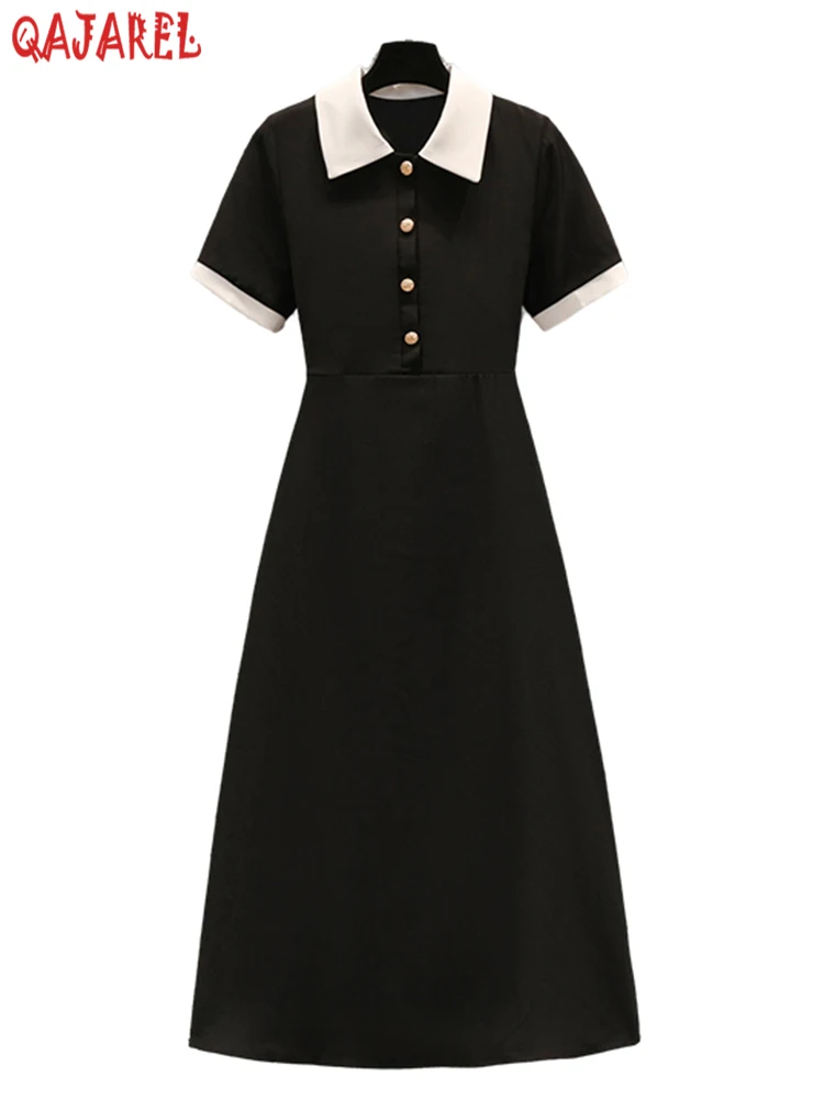 2024 Summer New Doll Collar Patchwork Chic Long Dress Women‘s Vintage Elegant Evening Dress Korean Black Hepburm Casual Vestidos
