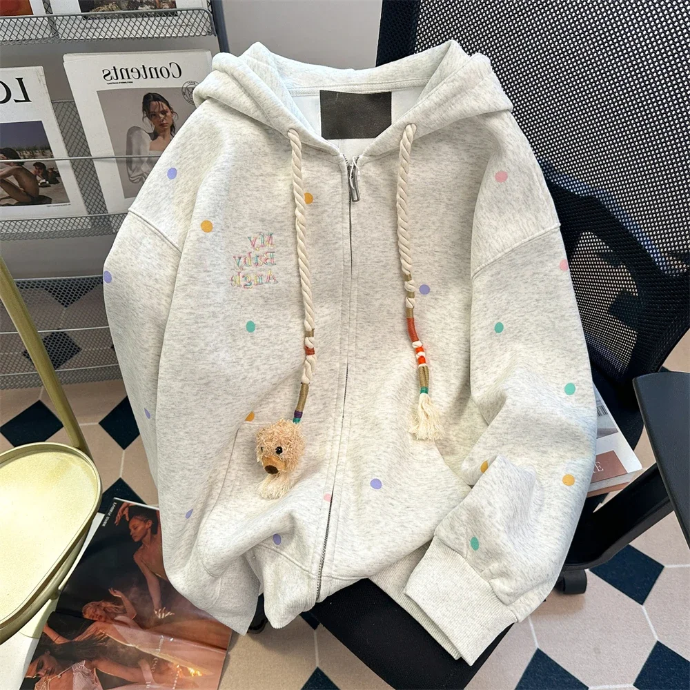 

Autumn New Preppy Style Polka Dot Bear Hoodies Women Casual Loose All Match Zip Up Hoodie Sweet Girl Fairy Y2k Top Sweatshirt