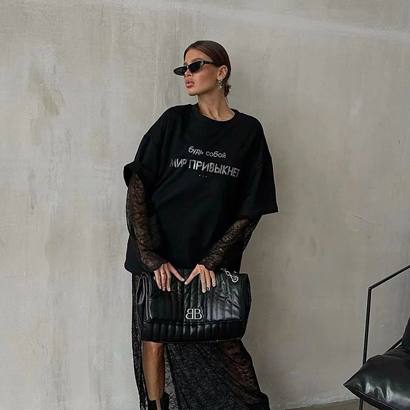 Summer O Neck Goth Loose Basic Tee Shirt Oversized Black T Shirts For Woman Luxury Rhinestone Letter Chic Casual T-shirt