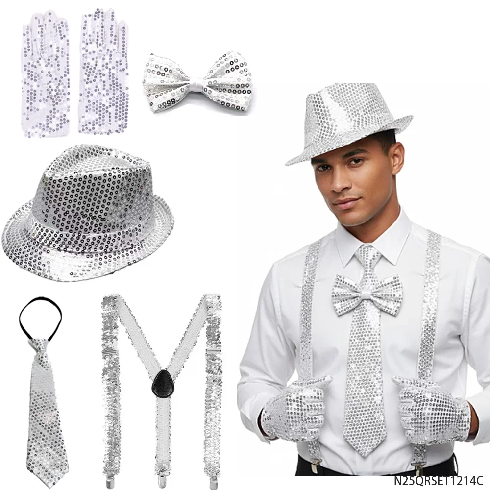 

PESENAR 90-х годов Ретро диско костюм комплект с блестками шляпа Федора подтяжки галстук-бабочка перчатки аксессуар для вечеринки