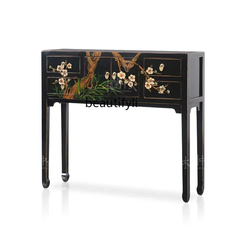 

New Chinese Style a Long Narrow Table Hand Painted Hallway Side Table Storage High Table Solid Wood Antique Altar Desk Altar